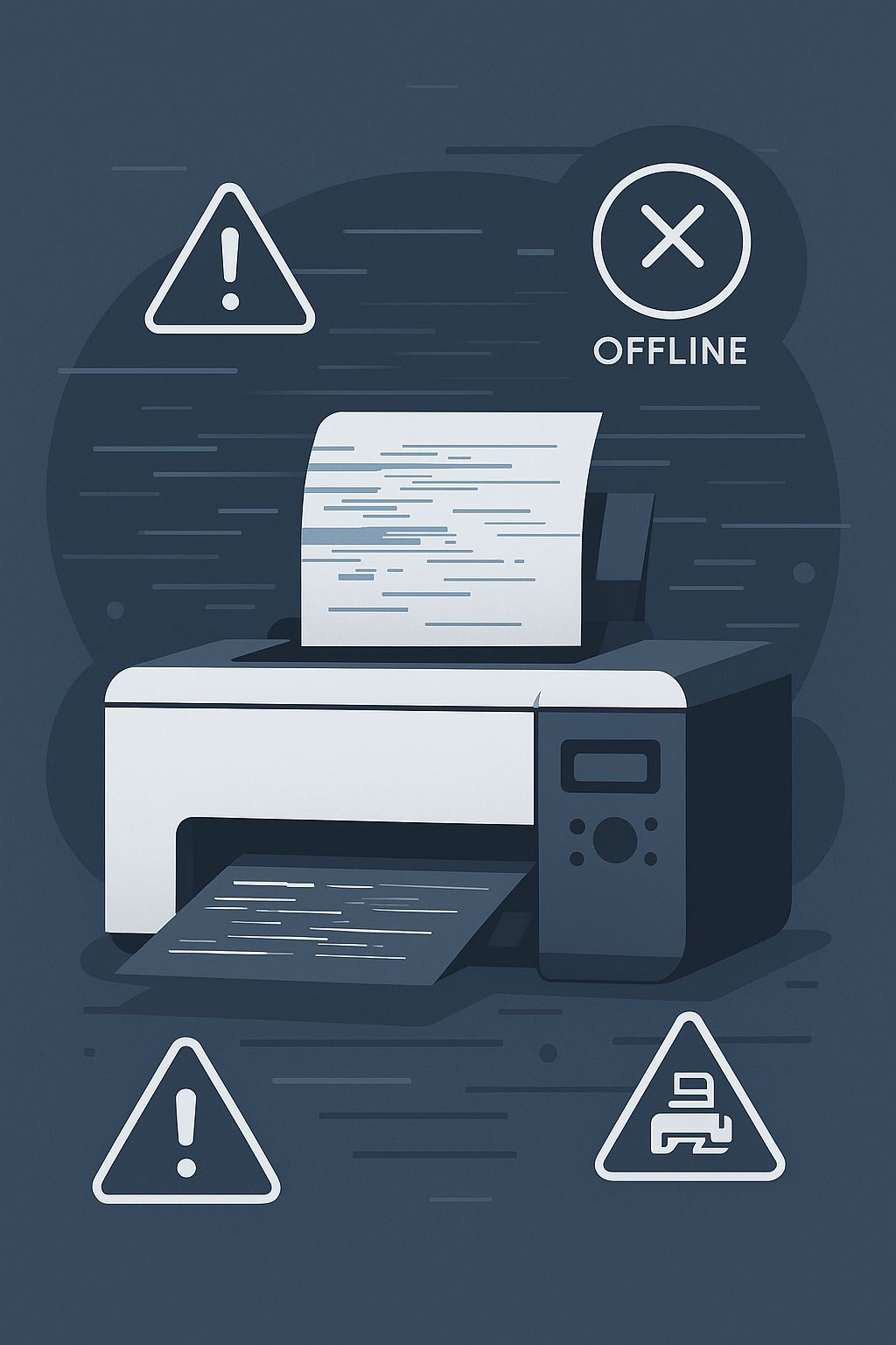 Stylized illustration of printer offline and error icons